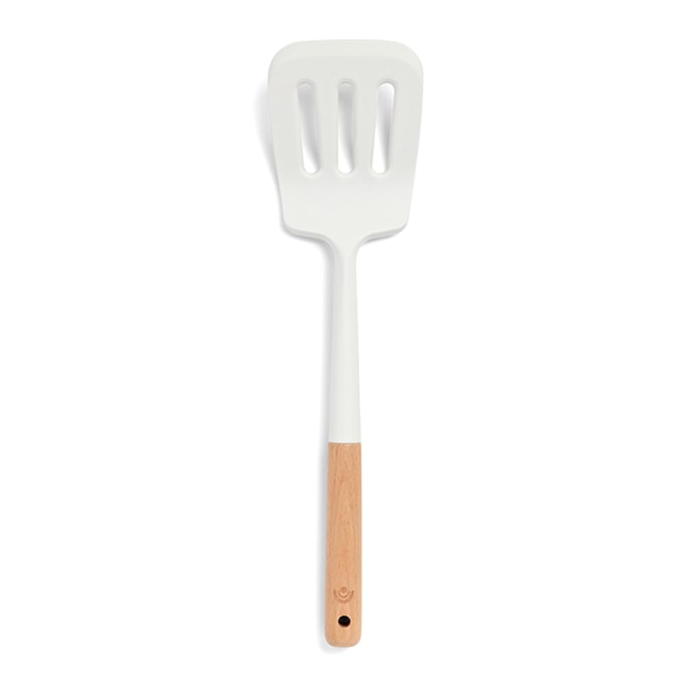 کفگیر پلوپز درجه یک یام آسیا انگلستان با دسته چوب راش و سیلیکون درجه یک (سفید یخی، کاردک چاک دار)