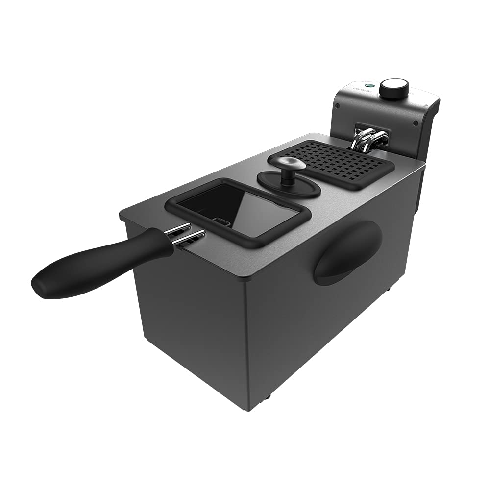 سرخ کن برقی ۳ لیتری Cecotec مدل CleanFry 3000. جنس استیل ضد زنگ با فیلتر OilClean که روغن را تمیز نگه می‌دارد، توان ۲۱۸۰ وات، درب با پنجره دید و فیلتر ضد بو (۳۰۰۰ Dark)