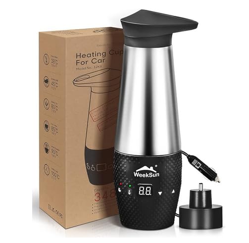 فلاسک شارژی مسافرتی 12 ولت، کتری ماشین با کنترل دما برای کمپینگ مسافرتی، داخلی استیل ضد زنگ، جوش سریع، خاموش شدن خودکار، محافظ ضد نشت و جوش، 348 میلی لیتر
