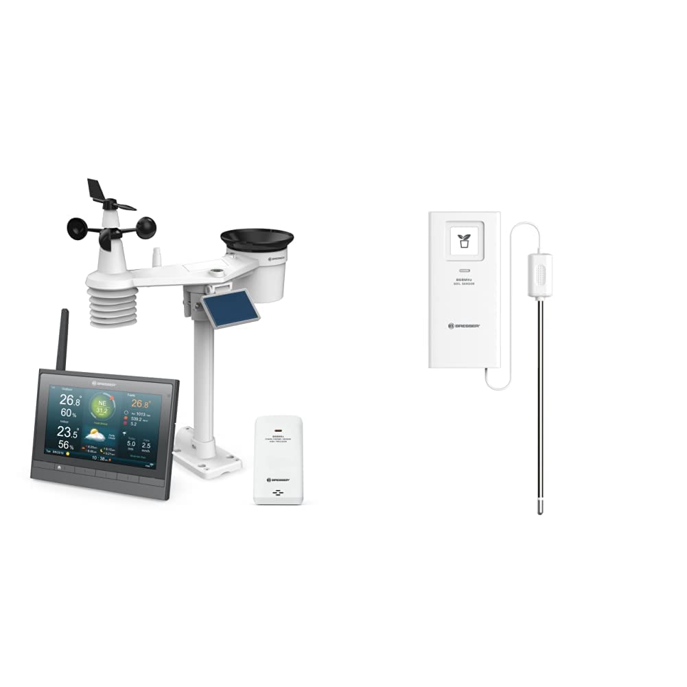 ایستگاه هواشناسی بی‌سیم Bresser با سنسور فضای باز - با انرژی خورشیدی - و سنسور حرارتی-رطوبتی بی‌سیم MeteoChamp HD، مرکز هواشناسی Wi-Fi 7 در 1 و دماسنج خاک و رطوبت سنج به عنوان سنسورهای اضافی، بسته ایستگاه هواشناسی 7 در 1 Bresser با دماسنج خاک