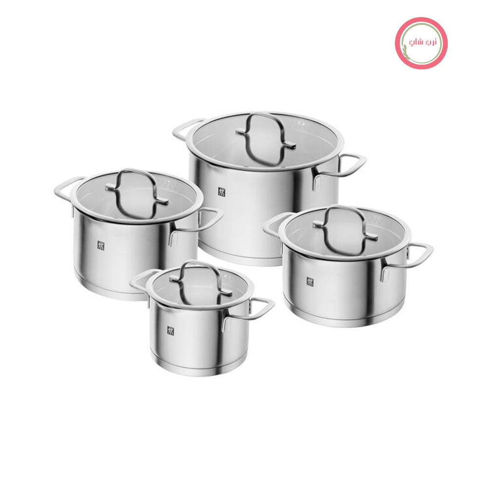 سرویس قابلمه ۴ تکه ZWILLING TrueFlow با درب شیشه‌ای، مناسب برای اجاق گازهای القایی، بدون روکش، استیل ضد زنگ، روکش مات، نقره‌ای.