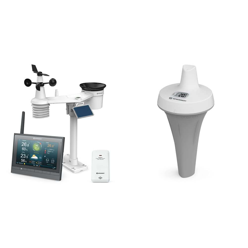 ایستگاه هواشناسی بی‌سیم Bresser با سنسور فضای باز - با انرژی خورشیدی - و سنسور حرارتی-رطوبتی بی‌سیم MeteoChamp HD، مرکز هواشناسی 7 کاره Wi-Fi و دماسنج استخر برای اندازه‌گیری دمای آب. بسته ایستگاه هواشناسی 7 کاره Bresser با دماسنج استخر