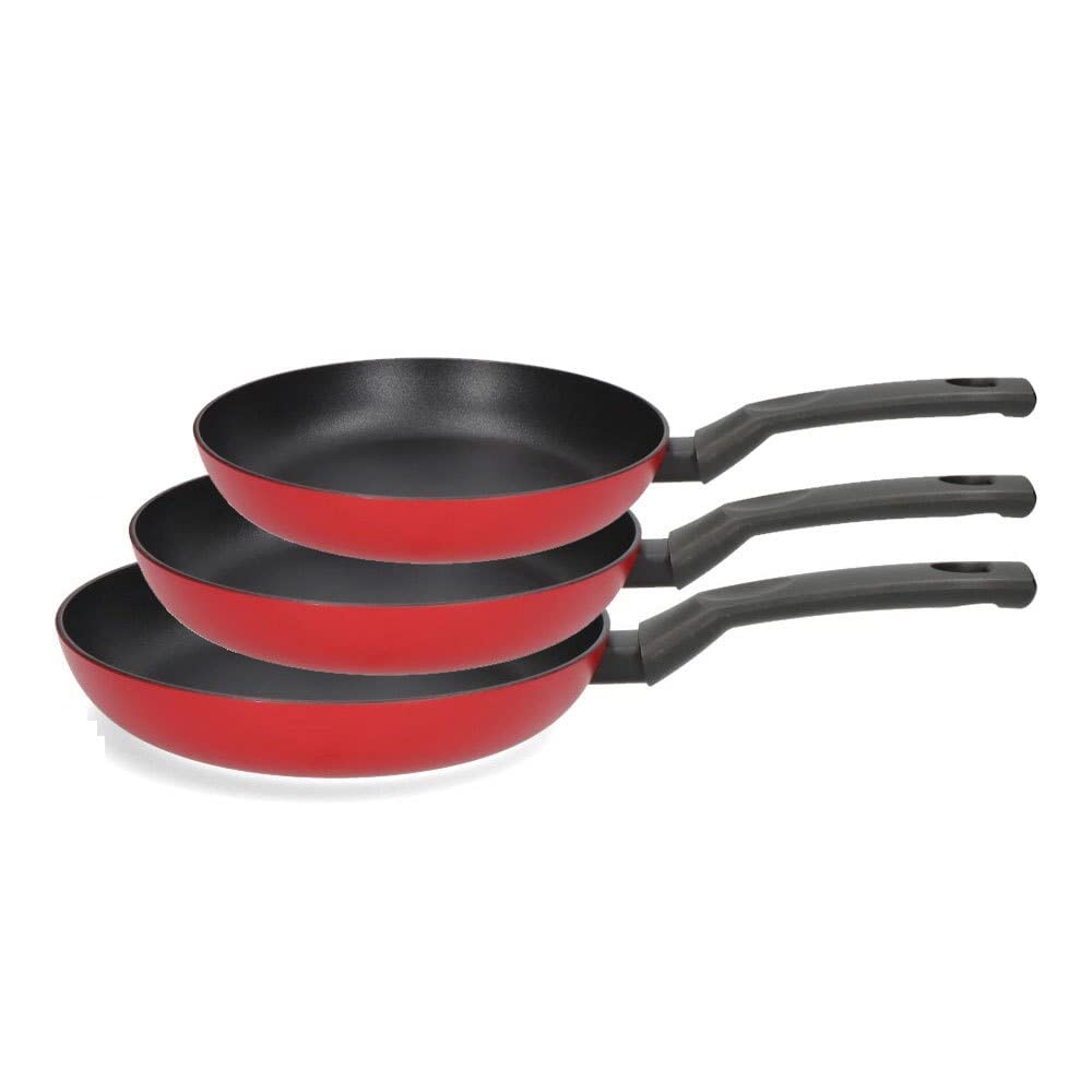 ست ماهیتابه 3 عددی فاگور اسپانیا ایلان ۳ مدل قرمز، قطر دهانه ۲۰+۲۴+۲۸ سانتی‌متر، جنس آلومینیوم بسیار ضخیم، ضخامت ۳ میلی‌متر