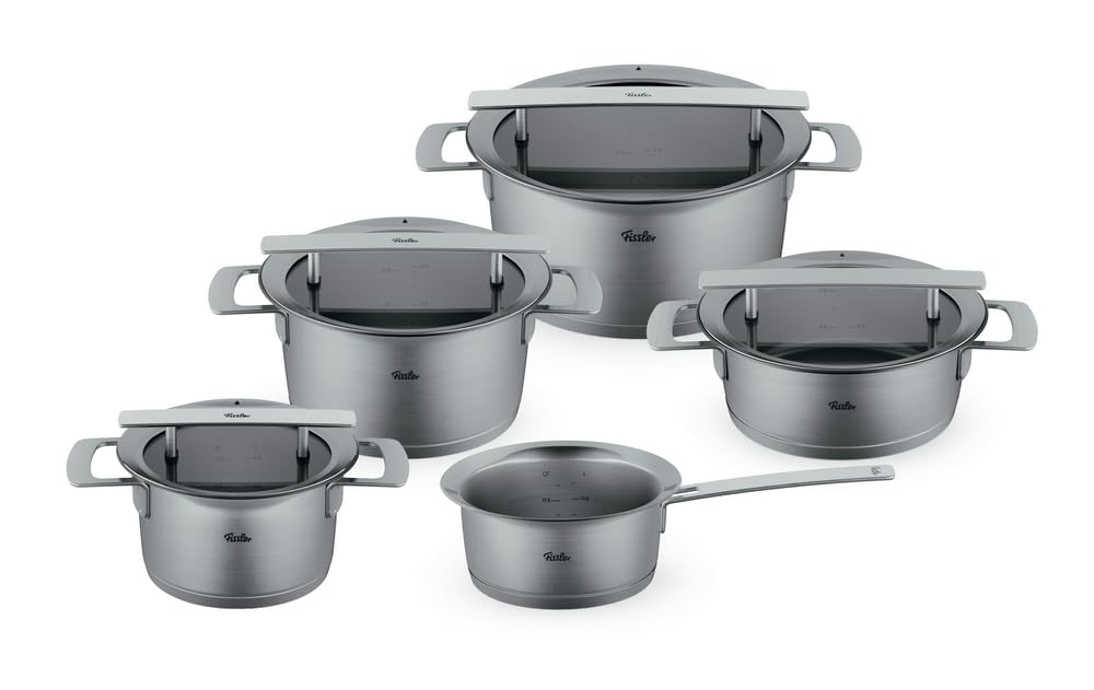 سرویس قابلمه 5 پارچه فیسلر آلمان Fissler Phi Collection 5-tlg ست قابلمه 5 تکه استیل ضد زنگ با درب شیشه ای (3 قابلمه، 1 قابلمه خورش، 1 قابلمه) - القایی