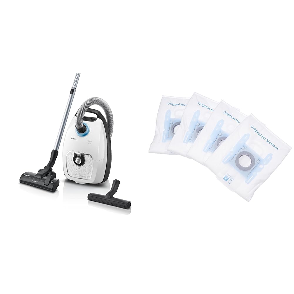 جاروبرقی زیمنس با کیسه Z 7.0 VSZ7442S، ایده‌آل برای افراد مبتلا به آلرژی، فیلتر بهداشتی پلاس، 650 وات، سفید و 4 عدد کیسه جاروبرقی PowerProtect نوع G، VZ41FGALL، 99.9٪ فیلتراسیون گرد و غبار ریز، سفید، فوق‌العاده بی‌صدا 67 دسی‌بل(A)، برنده تست 2018، همراه با کیسه جاروبرقی