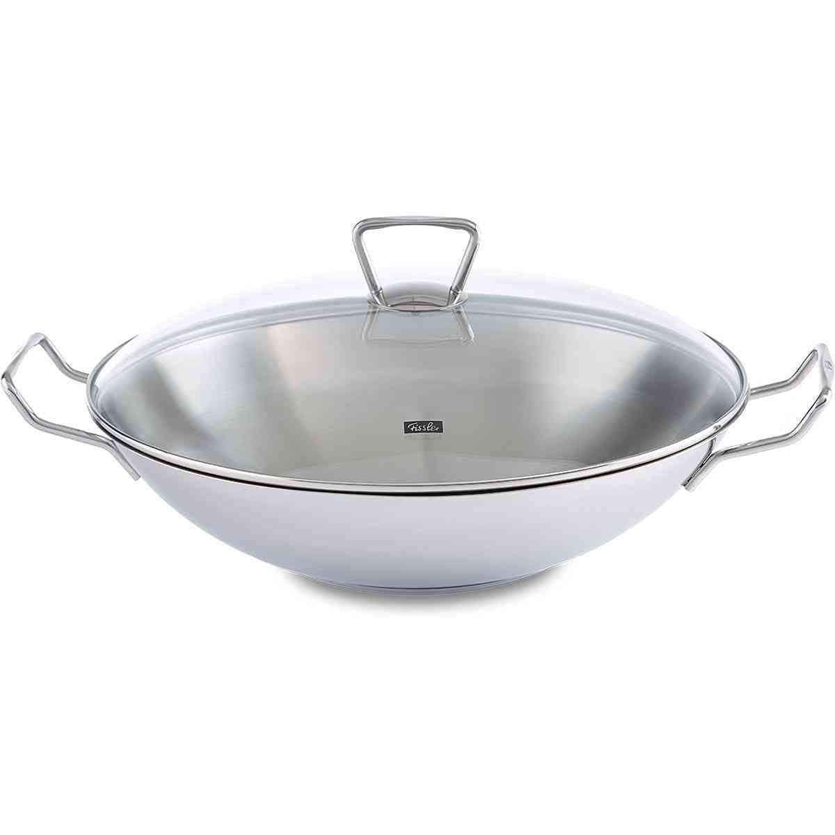 ماهیتابه ووک فیسلر Fissler Kunming / Wok فولاد ضد زنگ (Ø 36 سانتی متر) تابه بزرگ ووک بدون روکش، تابه آسیایی با درب شیشه ای، شامل درج توری، انواع اجاق گاز - از جمله القایی