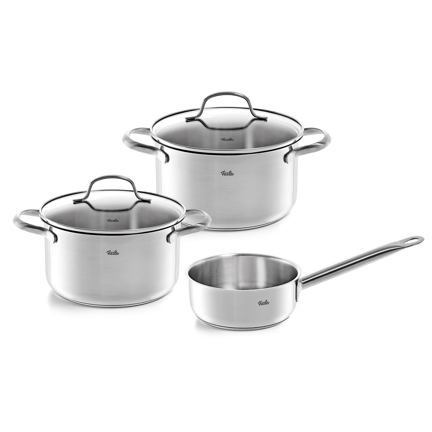 سرویس قابلمه فیسلر Fissler سانفرانسیسکو/استیل ضد زنگ، 3 تکه، ست قابلمه پخت و پز، قابلمه با درب شیشه ای، القایی (2 قابلمه، 1 قابلمه) - القایی