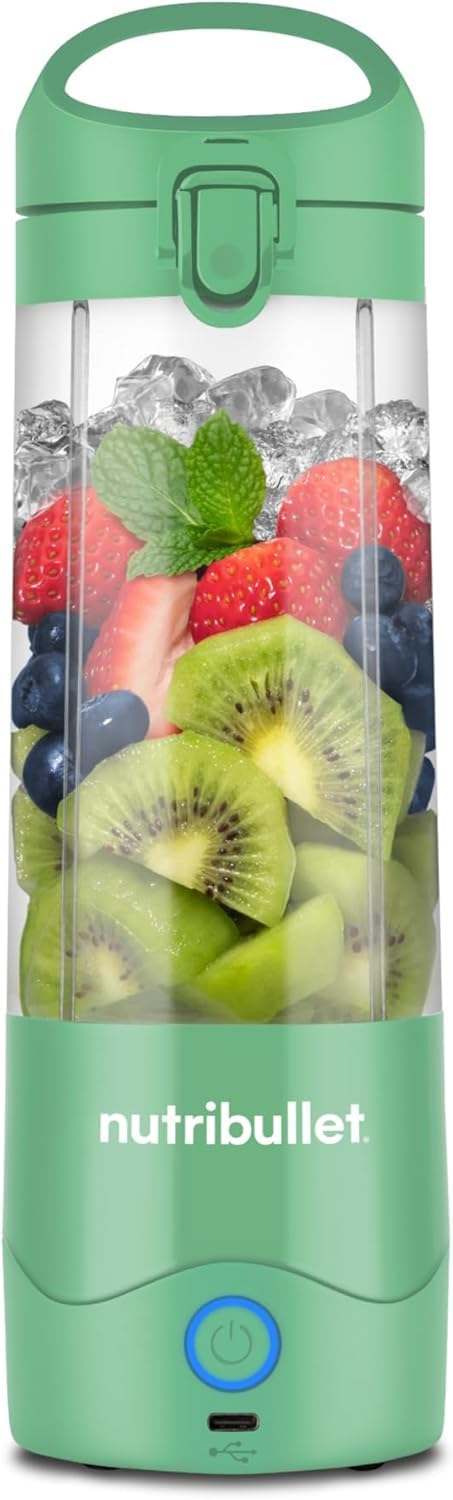 اسموتی‌ ساز نوتری‌ بولت آمریکا مخلوط کن قابل حمل Nutribullet NBP003LG، (475 میلی لیتر)، قابل شارژ، مخلوط کن کوچک، تیغه 4 تیغه، فنجان Tritan، 15+ چرخه در هر بار شارژ، قابل حمل، شارژ USB-C، سبز روشن