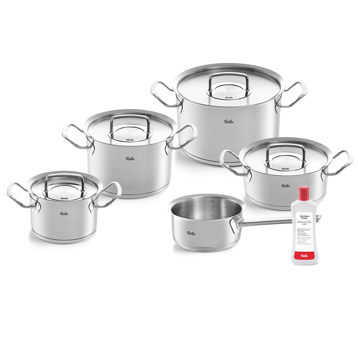 سرویس قابلمه فیسلر Fissler Original-Profi ست قابلمه پخت و پز، 5 تکه، شامل درب فلزی + مراقبت از فولاد ضد زنگ رایگان - القایی [انحصاری آمازون]، نقره ای.