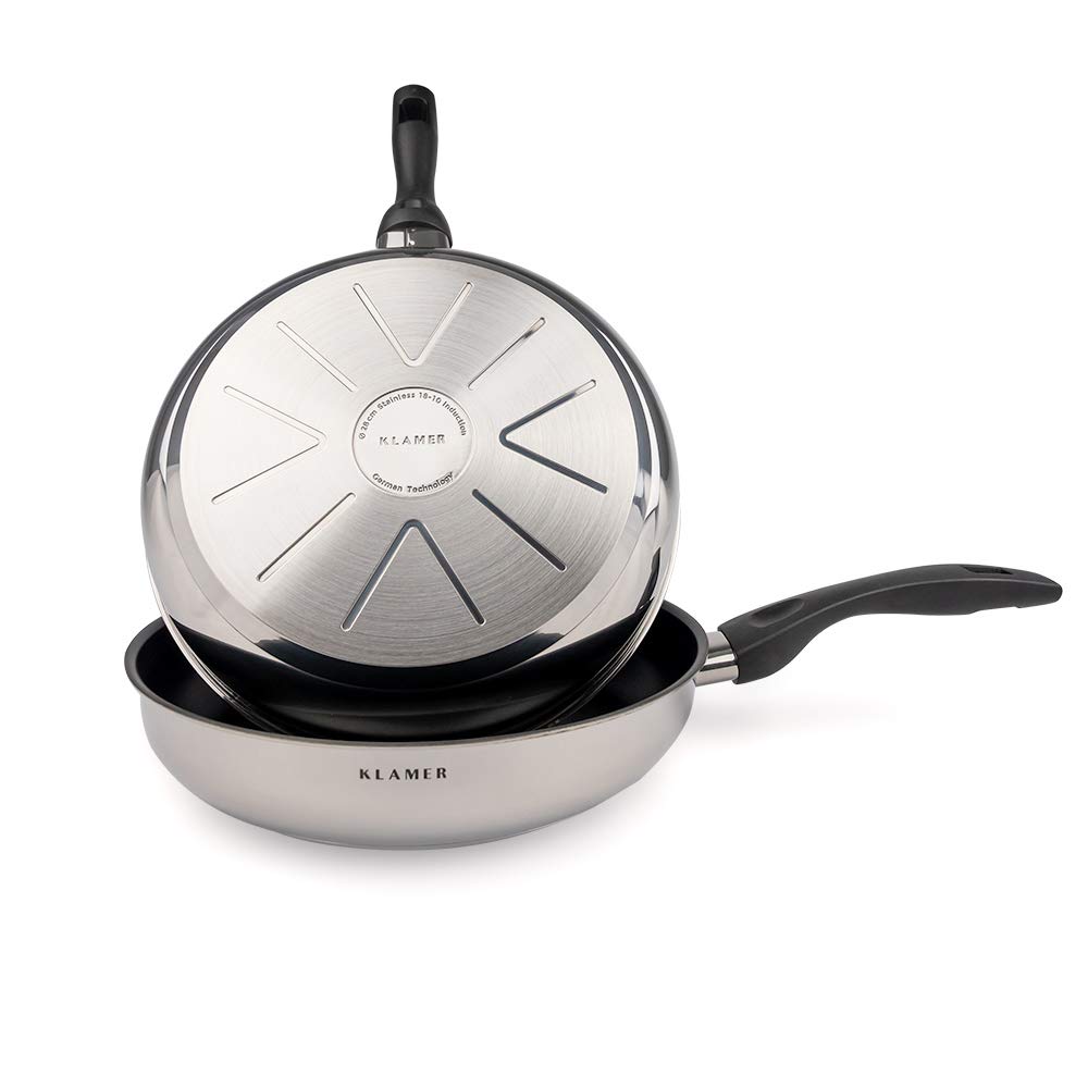 ست ماهیتابه القایی کلامر آلمان (28 + 28 سانتی متر)، تابه استیل ضد زنگ حرفه ای با کیفیت بالا با روکش نچسب و لبه بلند، قابل استفاده در فر و قابل شستشو در ماشین ظرفشویی