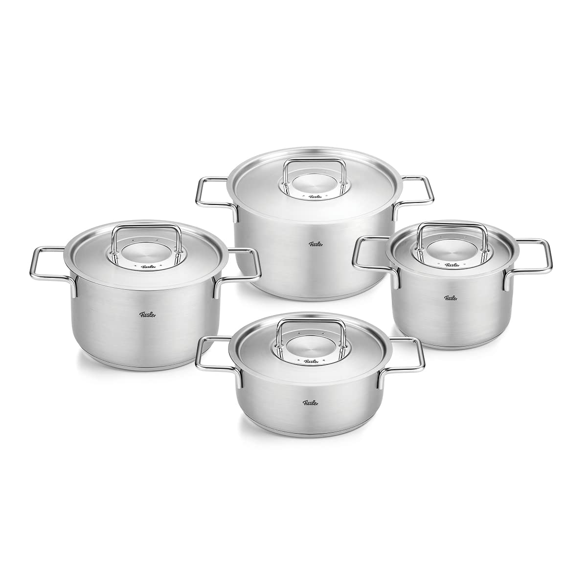 سرویس قابلمه استیل 4 عددی فیسلر آلمان Fissler Pure Collection  قابلمه با درب فلزی (3 قابلمه، 1 ماهیتابه) - القایی، بزرگ، نقره ای