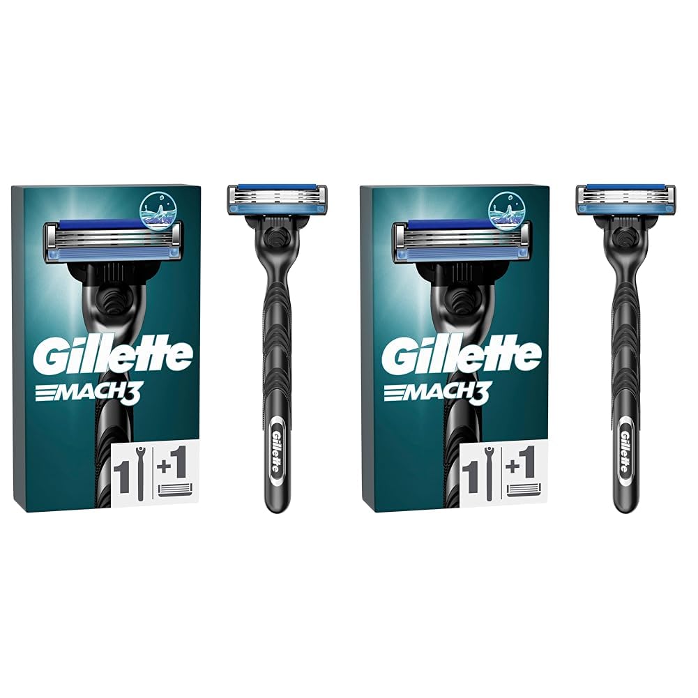 خودتراش مردانه ژیلت مدل Mach3، یک عدد + یک تیغه با تیغه سه‌گانه، هدیه برای آقایان (بسته ۲ عددی) خودتراش + یک تیغه، ۱ عدد (بسته ۲ عددی)