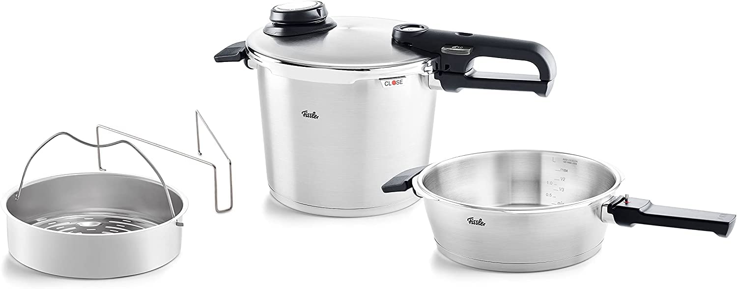 زودپز فیسلر آلمان Fissler Vitavit Premium، 4 عدد (6l - Ø 22 cm & 2.5l - Ø 22 cm) با درب فلزی، اینسری - القایی، نقره ای