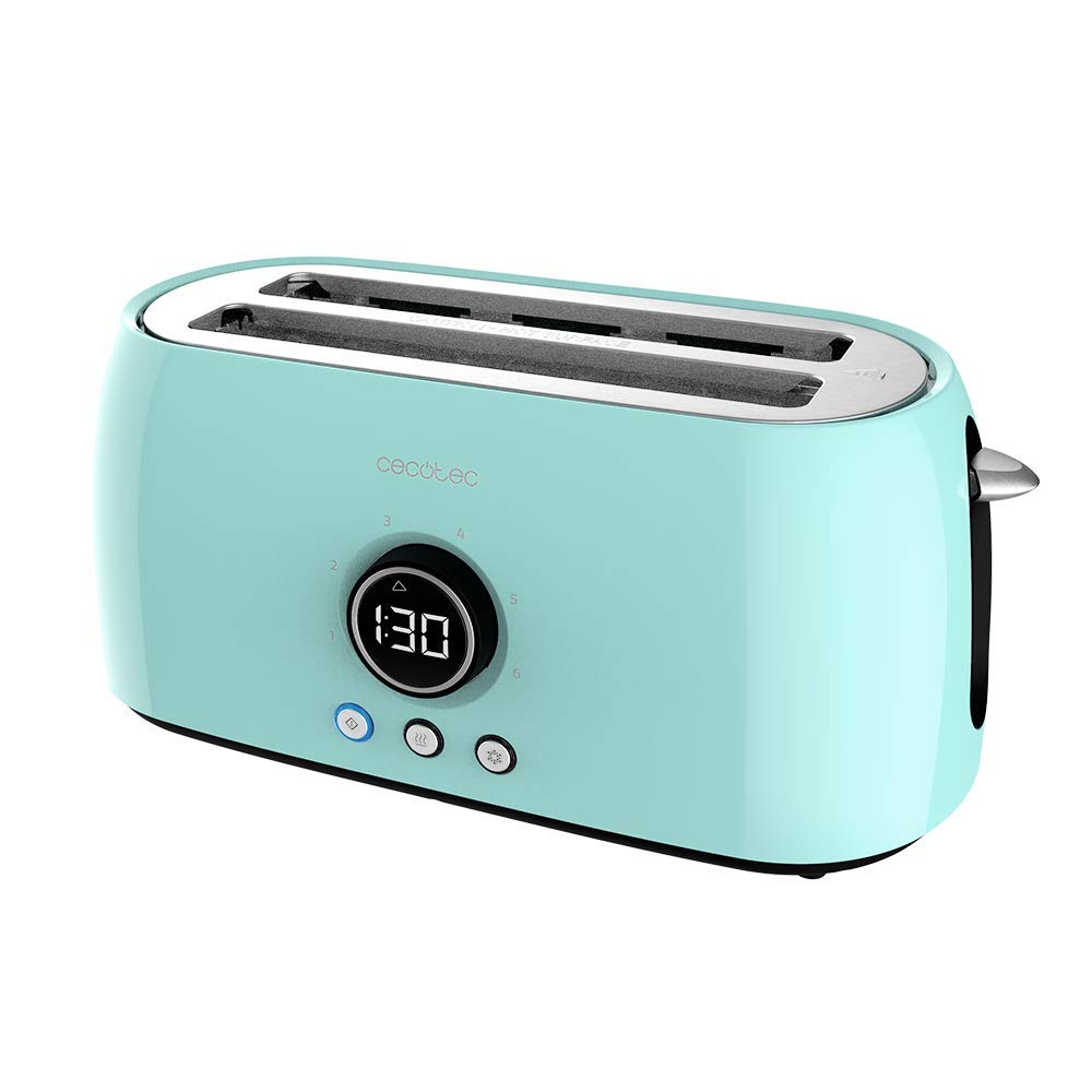 توستر دیجیتال دوتایی آبی Cecotec ClassicToast 15000. 1500 وات، 2 شیار بسیار عریض برای 4 برش نان تست، صفحه نمایش دیجیتال، 3 عملکرد، همزن‌های بالایی، فیروزه‌ای.