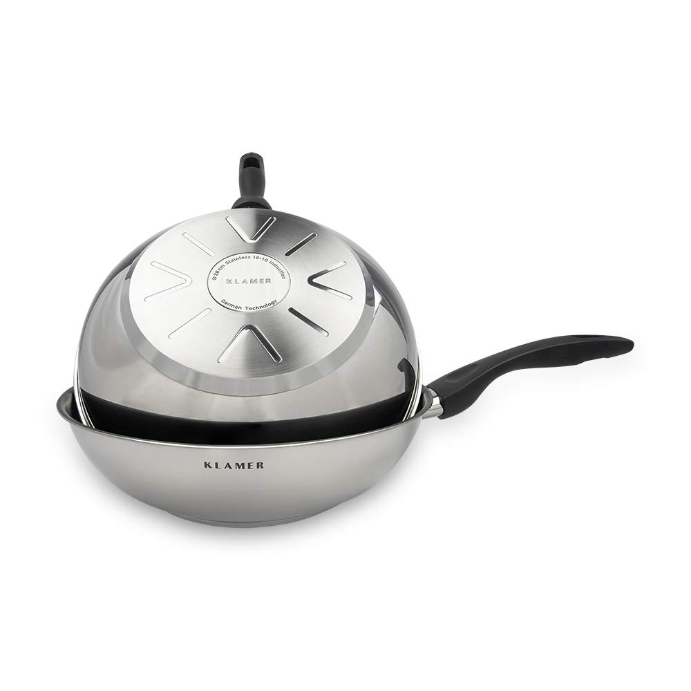 تابه ووک استیل ضد زنگ کلامر آلمان KLAMER القایی 28 سانتی متری، تابه فولادی ضد زنگ حرفه ای با کیفیت بالا، تابه القایی با روکش نچسب، قابل استفاده در فر و ماشین ظرفشویی