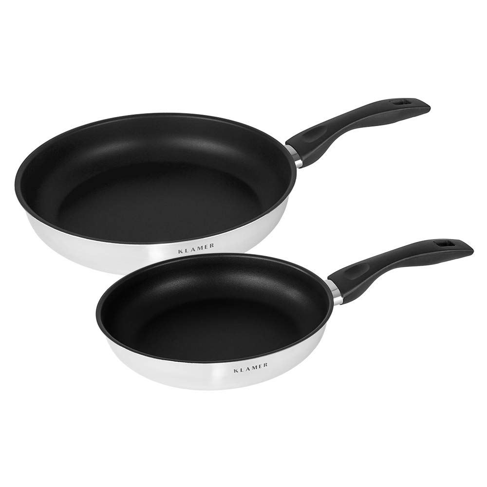 ست ماهیتابه القایی کلامر آلمان KLAMER (24 + 28 سانتی متر)، تابه فولادی ضد زنگ حرفه ای با کیفیت بالا با روکش نچسب و لبه بلند، قابل استفاده در فر و ماشین ظرفشویی