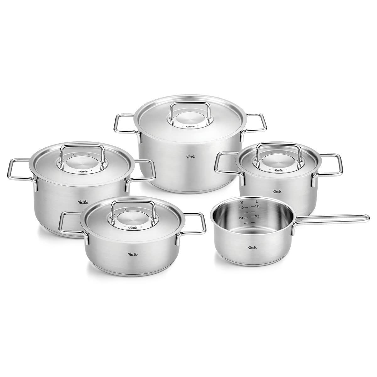 سرویس قابلمه استیل 5 عددی فیسلر آلمان Fissler Pure Collection قابلمه با درب فلزی (3 قابلمه، 1 ماهیتابه 1 قابلمه) - القایی، نقره ای