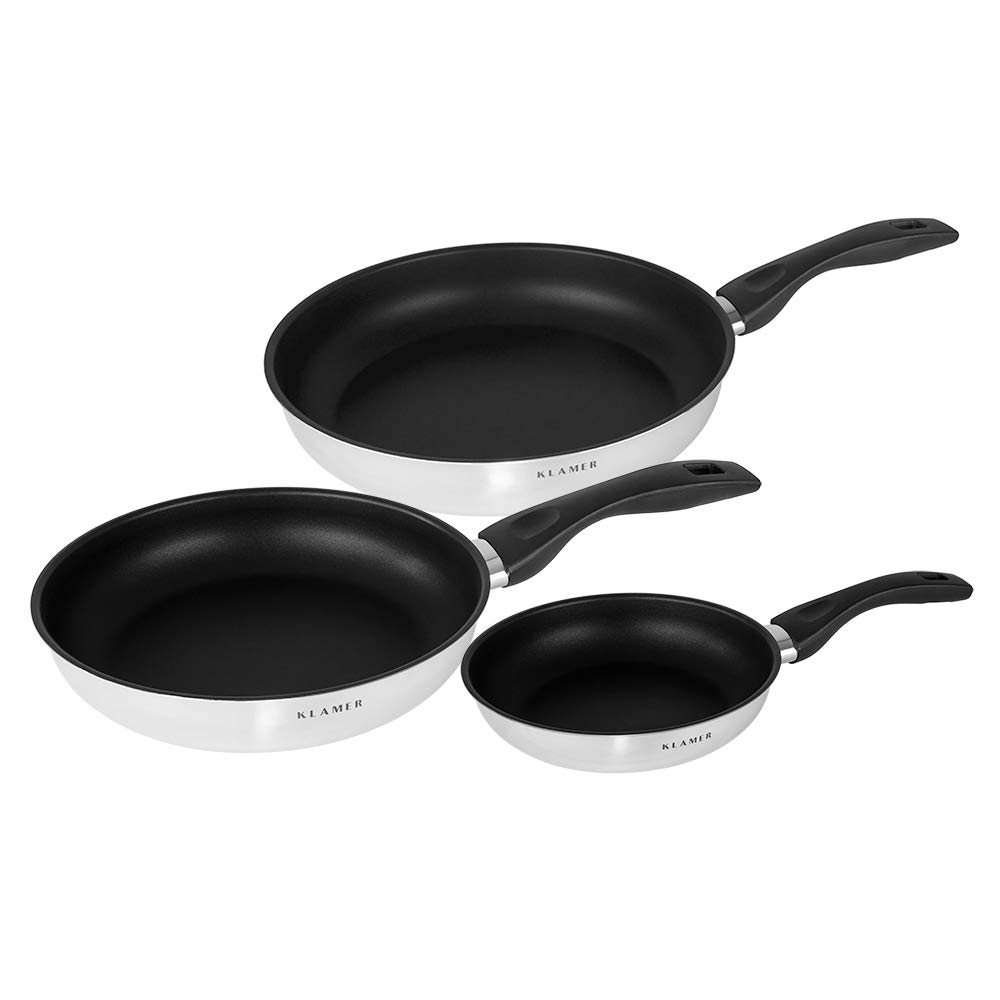 ست ماهیتابه القایی 3 تکه کلامر آلمان KLAMER (20 + 24 + 28 سانتی متر)، تابه فولادی ضد زنگ حرفه ای با کیفیت بالا با روکش نچسب، قابل استفاده در فر و ماشین ظرفشویی