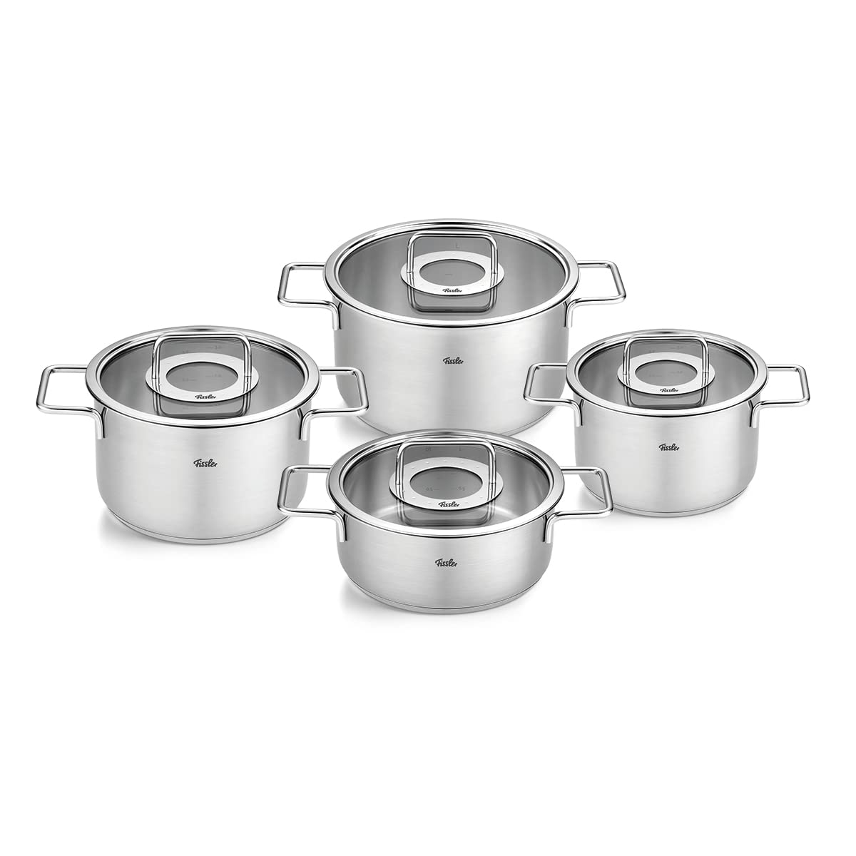 سرویس قابلمه استیل 4 عددی فیسلر Fissler Pure Collection / قابلمه با درب شیشه ای (3 قابلمه 1 ماهیتابه) - القایی نقره ای
