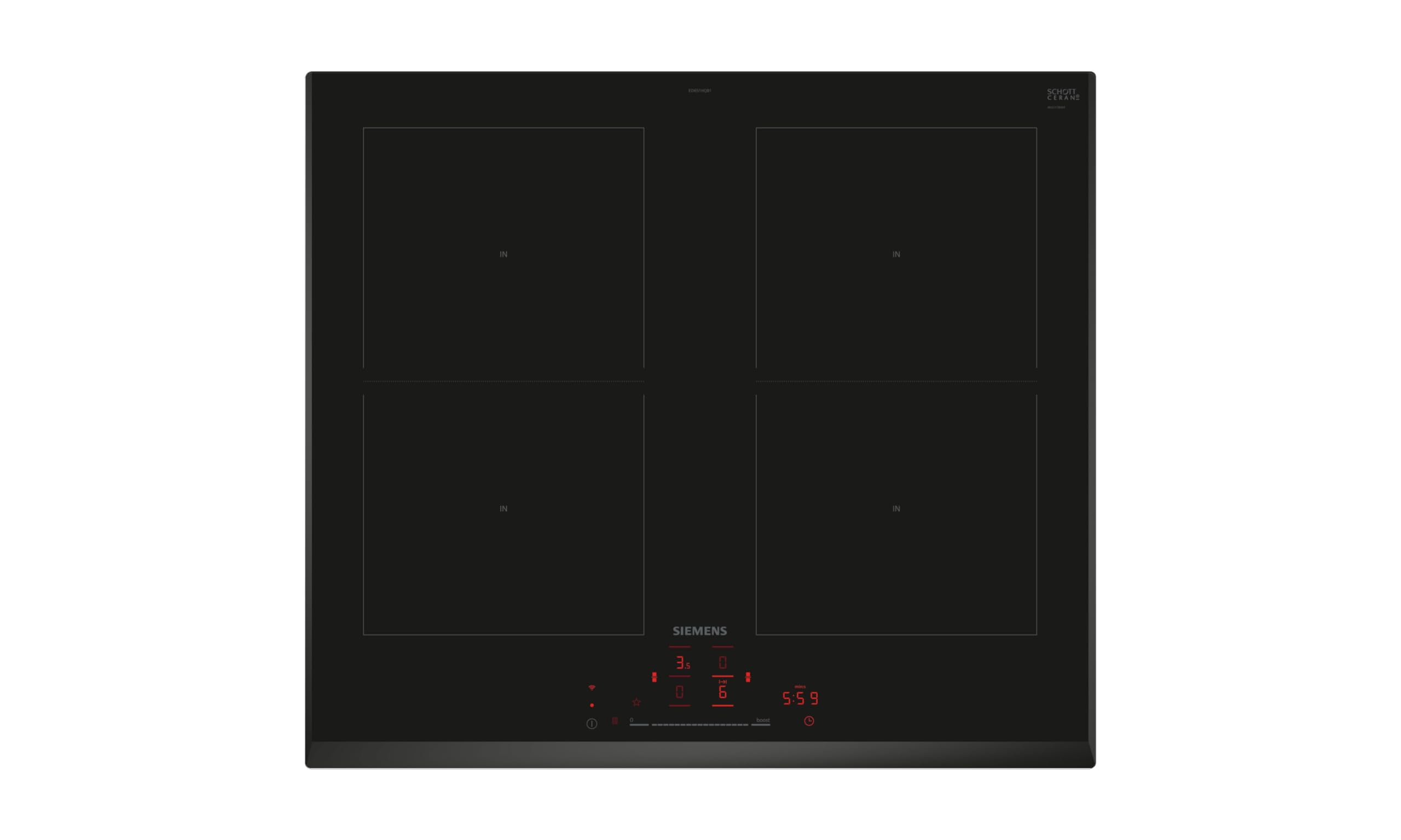 زیمنس ED651HQB1E، iQ500، اجاق القایی هوشمند ۶۰ سانتی‌متری، مستقل، بدون قاب، کشویی لمسی، فن استخراج هوشمند، تقویت‌کننده قدرت، دکمه علاقه‌مندی‌ها، القایی ترکیبی، مشکی