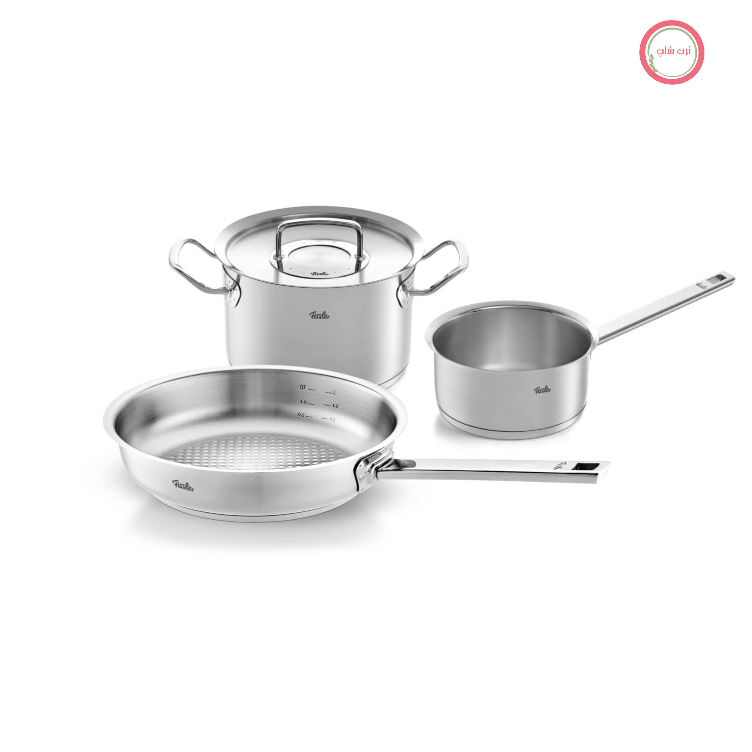 سرویس قابلمه استیل ضد زنگ فیسلر مدل Original-Profi Collection، 3 تکه، قابلمه با درب فلزی (1 قابلمه، 1 ماهیتابه بدون روکش، 1 قابلمه بدون درب) - القایی، 084-378-03-000/0، نقره‌ای
