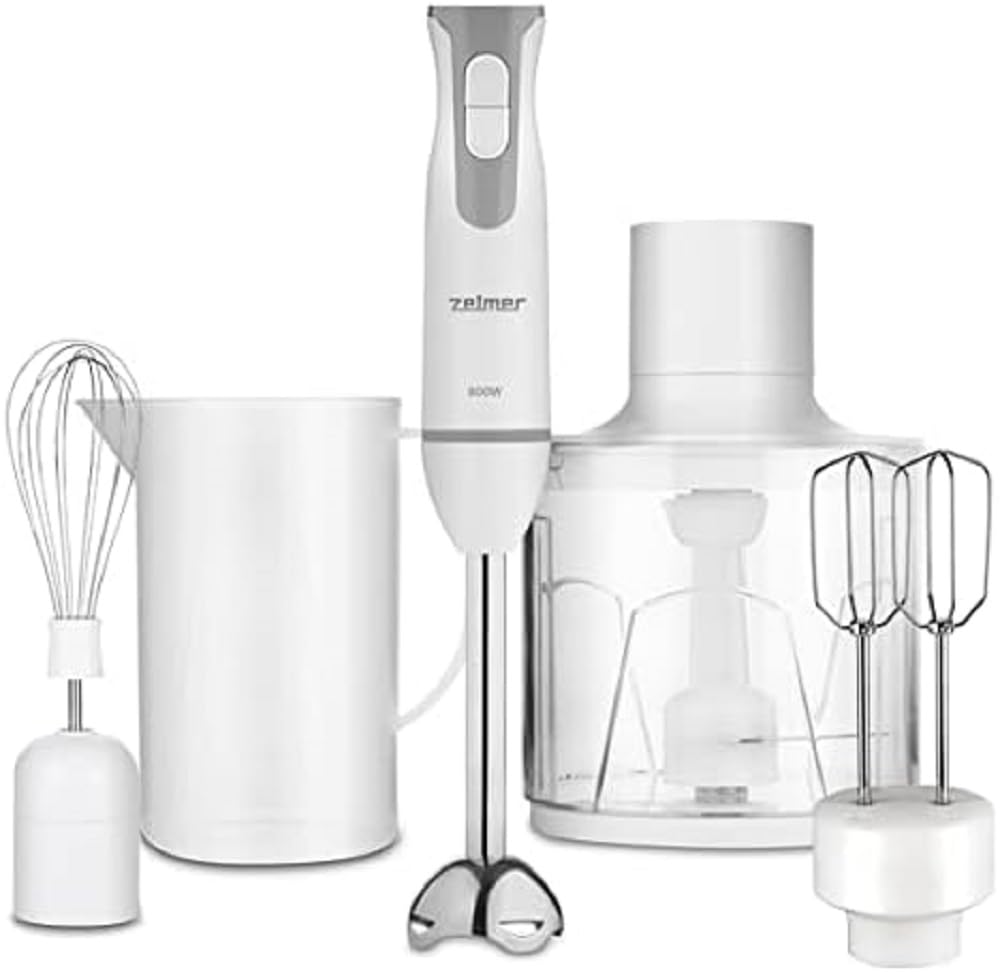 گوشت کوب برقی زلمر لهستان Zelmer ZHB4553S، 800 وات، عملکرد توربو، 2 تیغه، تیغه مدرج 0.8 لیتری، محفظه، 450 میلی‌لیتر، مخلوط‌کن، سفید-خاکستری