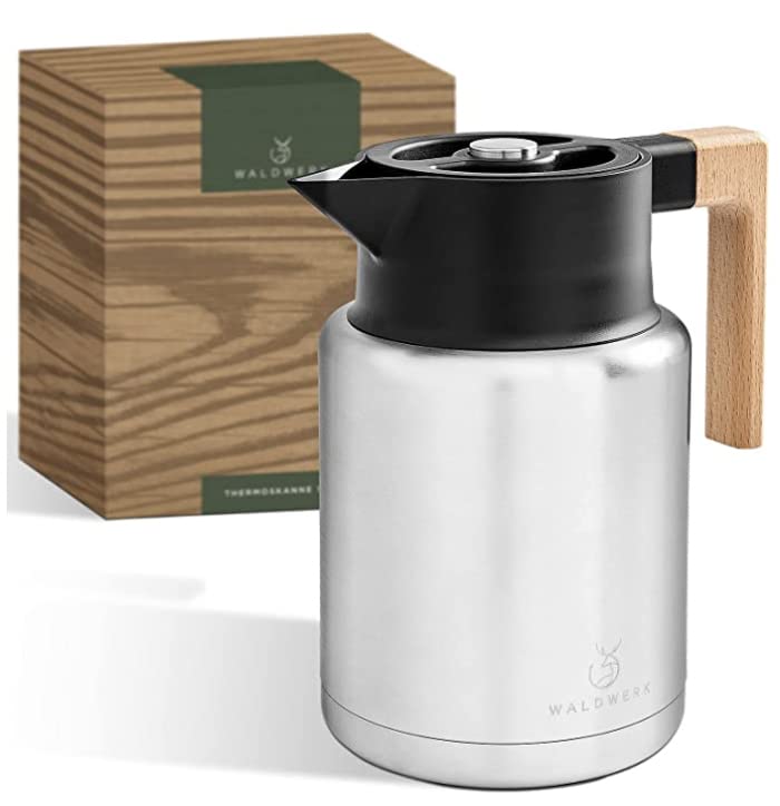 فلاسک چایی والدورک آلمان WALDWERK Thermos (1.4 لیتر) - فلاسک قهوه ساخته شده از فولاد ضد زنگ دو جداره 304 با دسته چوبی ظریف - فلاسک عایق با دهانه بدون چکه