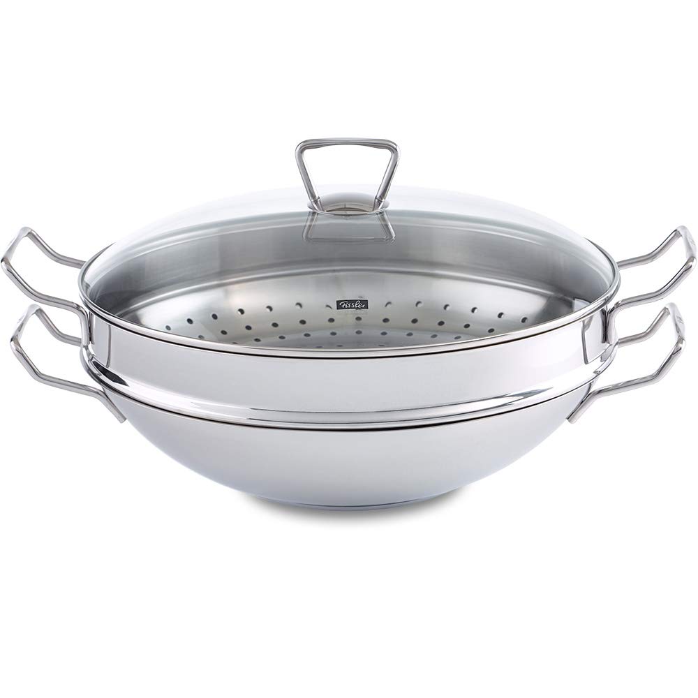 ماهیتابه ووک فیسلر آلمان Fissler Nanjing / Wok فولاد ضد زنگ (Ø 36 سانتی متر) تابه بزرگ ووک بدون روکش، تابه آسیایی با درب شیشه ای، شامل داخل بخارپز، انواع اجاق گاز - از جمله القایی