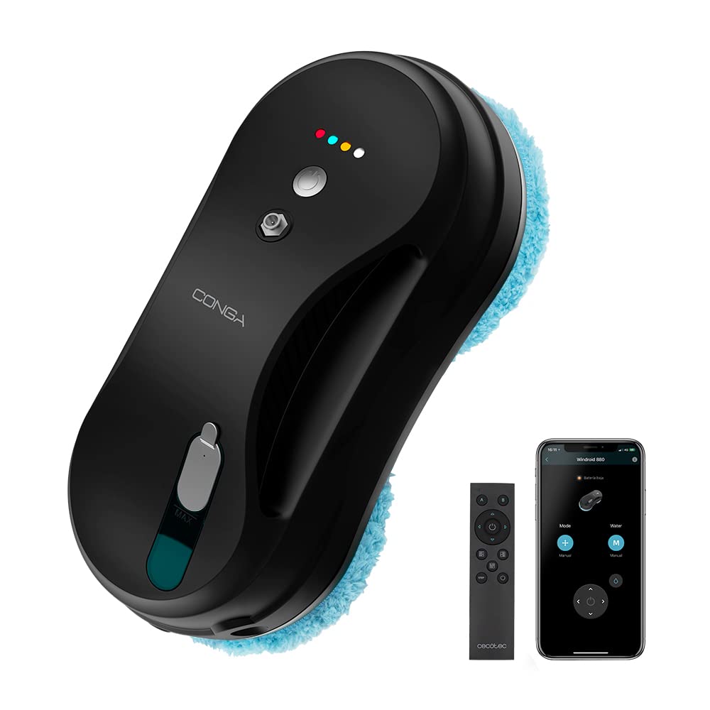 ربات تمیزکننده پنجره Cecotec Windroid 880 SprayWater Smart Connected. 90 وات، بطری اسپری، تمیز کردن و خشک کردن، کنترل برنامه و کنترل از راه دور، 4 برنامه، کابل 5.5 متر، شامل 12 پارچه، مشکی