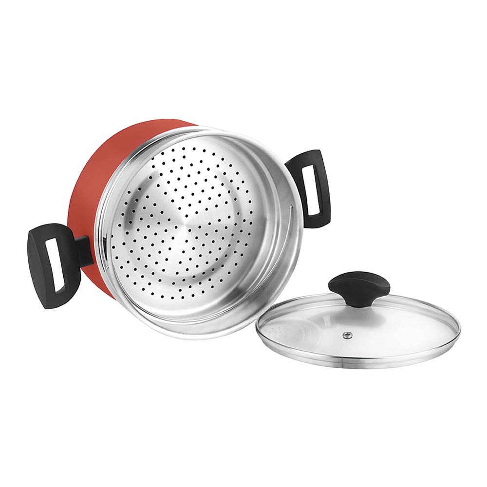 قابلمه زودپز القایی فاگور اسپانیا ماکسیما 20 سانتی‌متر، قابلمه آلومینیومی فورج شده، سبد بخارپز استیل ضد زنگ، درب شیشه‌ای، پوشش نچسب، بدون PFOA، مناسب برای همه اجاق گازها، سرامیک شیشه‌ای، گازی، قرمز