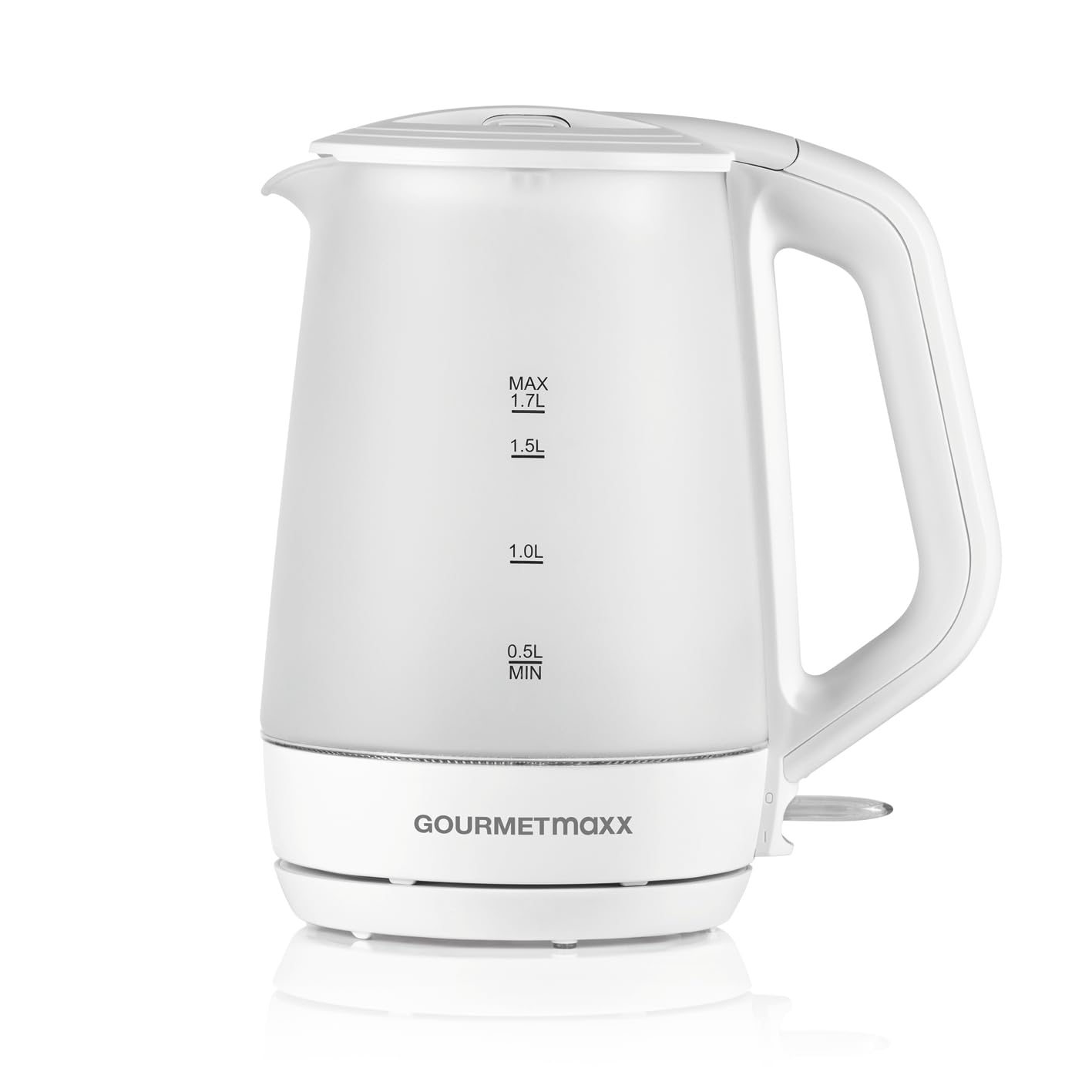 کتری برقی شیشه‌ ای گورمت‌ مکس آلمان  GOURMETmaxx ظرفیت ۱.۷ لیتر نشانگر سطح پر برای اندازه‌گیری دقیق بی‌سیم ۳۶۰ درجه روشنایی LED شیشه مات