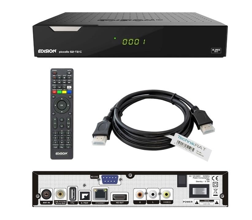 گیرنده ترکیبی سه در یک HEVC فول اچ‌دی EDISION PICCOLLO با DVB-S2 و DVB-C/T2 H.265/HEVC شامل TechnikRAT کابل HDMI، شیار CI به طول ۱.۵ متر، کارت خوان Conax، ۲ عدد USB، HDMI و LAN