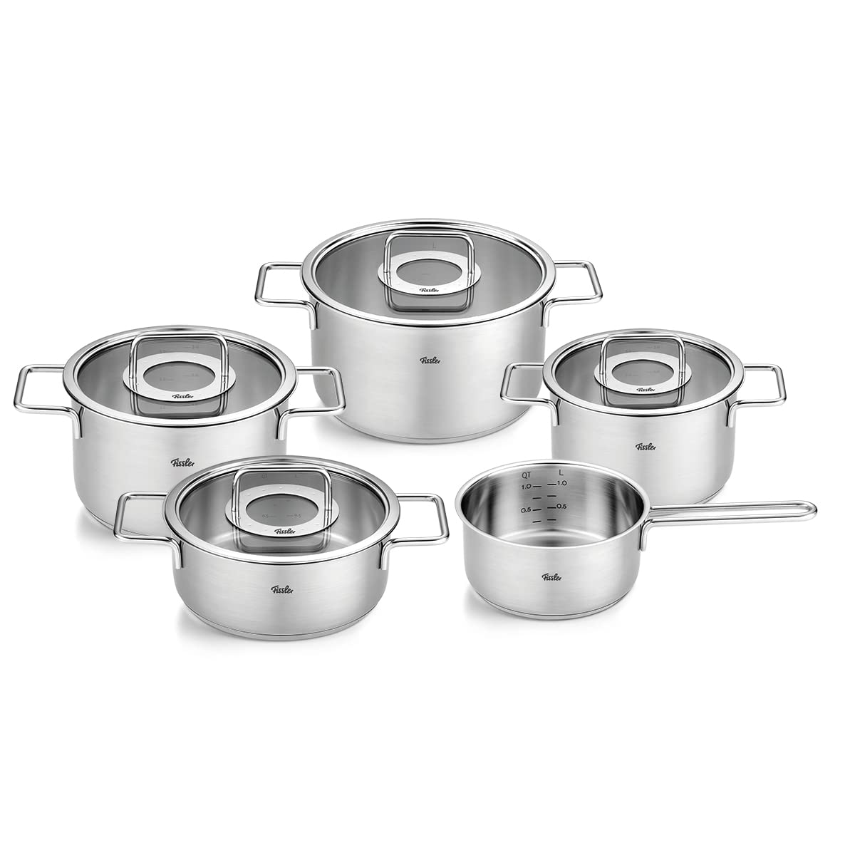 سرویس قابلمه استیل 5 عددی فیسلر Fissler Pure Collection /  قابلمه درب شیشه ای (3 قابلمه 1 ماهیتابه 1 قابلمه) - القایی ، نقره ای