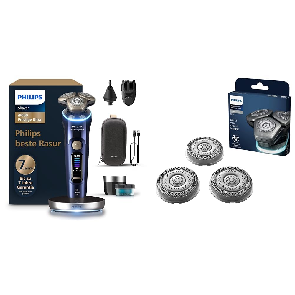 مجموعه ریش‌تراش فیلیپس i9000 پرستیژ اولترا، ریش‌تراش خشک و مرطوب، مدل XP9401/38 + سری اصلاح جایگزین فیلیپس برای ریش‌تراش‌های برقی سری 9000 و 9000 پرستیژ (مدل SH91/50) ریش‌تراش فیلیپس i9000 + سری اصلاح جایگزین