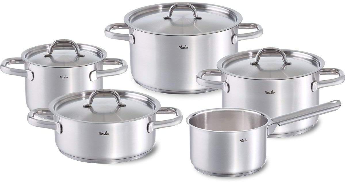 سرویس قابلمه فیسلر Fissler Family Line / ست قابلمه استیل 5 تکه، ست قابلمه پخت و پز، قابلمه درب دار، قابل شستشو در ماشین ظرفشویی، القایی، انواع اجاق گاز (3 قابلمه، 1 ماهیتابه، 1 قابلمه بدون درب)