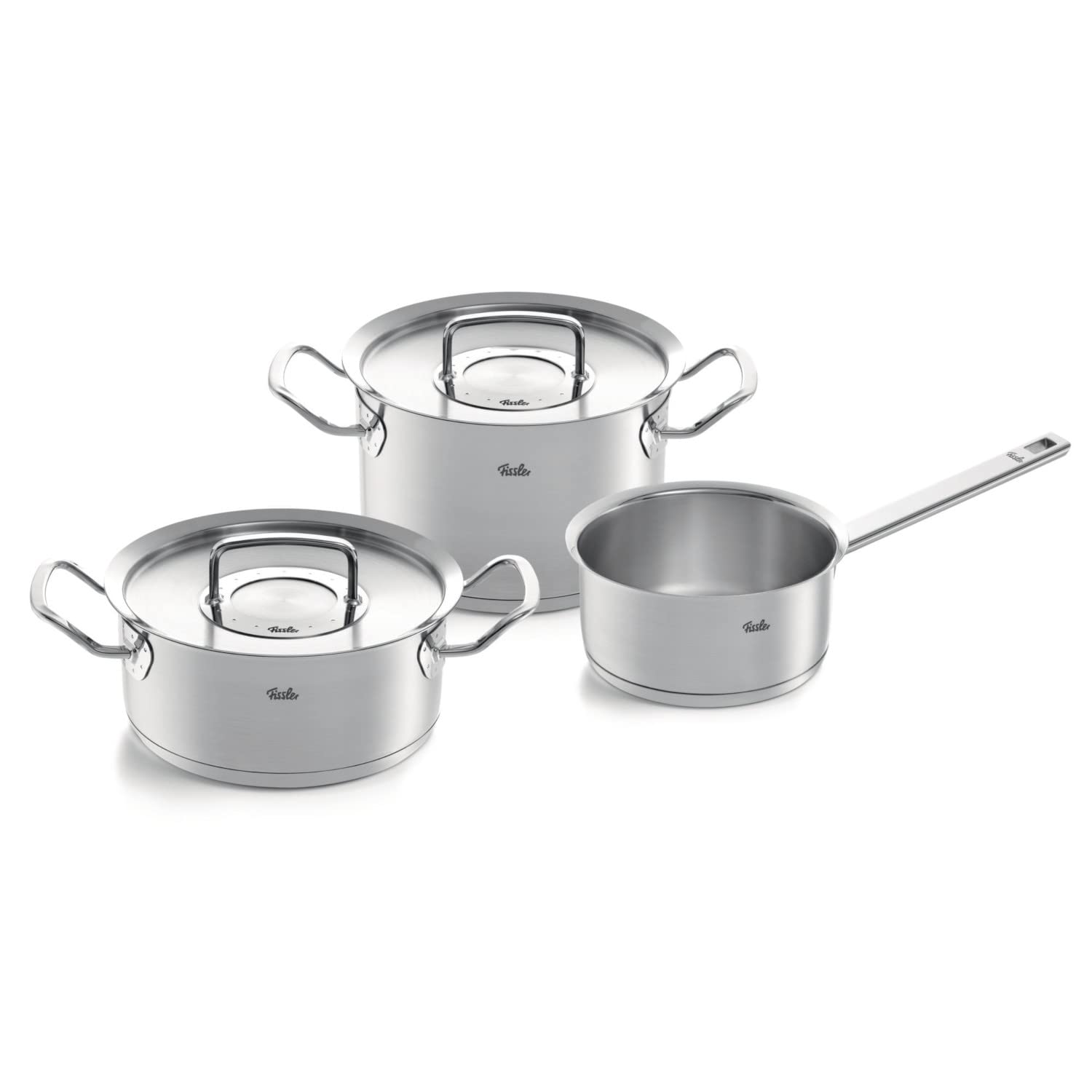 سرویس قابلمه فیسلر Fissler original-profi / ست قابلمه استیل 3 تکه قابلمه با درب فلزی (1 قابلمه پخت 1 ماهیتابه 1 عدد قابلمه بدون درب) - القایی نقره ای