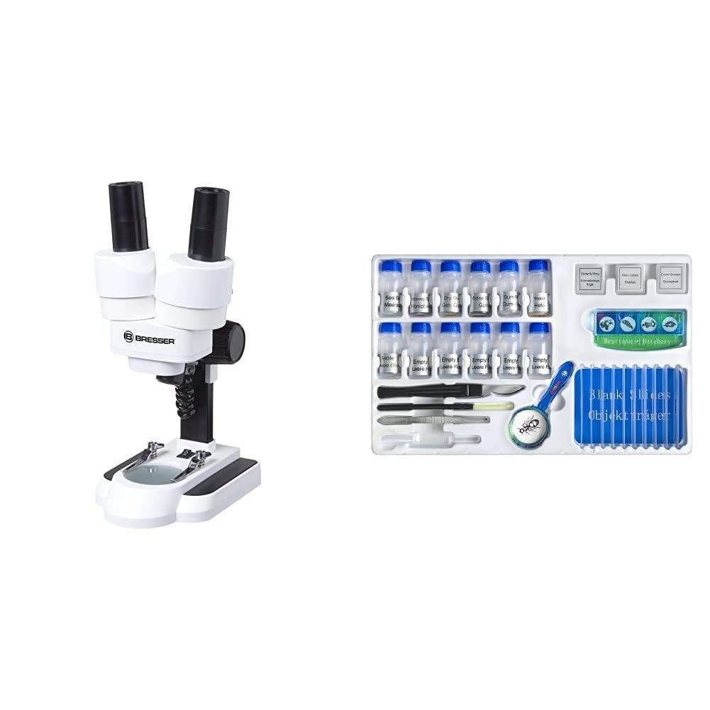 میکروسکوپ سه بعدی استریو Bresser مدل ICD-Pro مخصوص کودکان و بزرگسالان با بزرگنمایی 20 و 50 برابر و مجموعه آزمایش Bresser مخصوص کودکان برای شروع کار با میکروسکوپ با اسلایدهای 20 و 50 برابر. بسته شامل مجموعه آزمایش.
