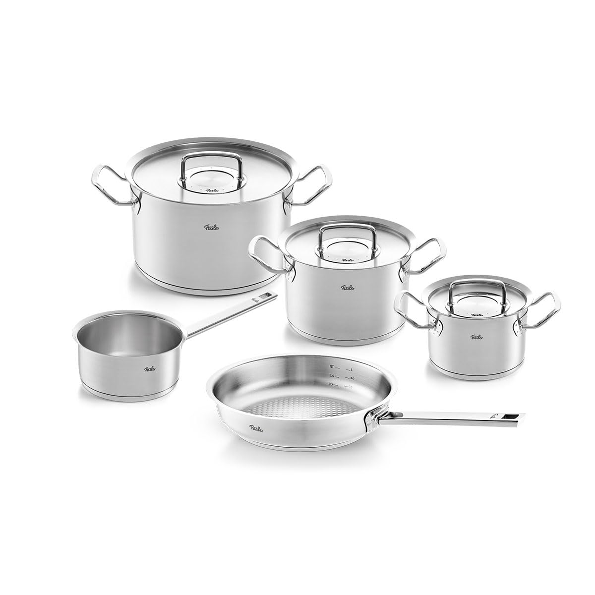 سرویس قابلمه فیسلر Fissler Original-Profi Collection / ست قابلمه استیل 5 عددی قابلمه با درب فلزی (3 قابلمه، 1 تابه بدون درب، 1 قابلمه بدون درب) - القایی، نقره ای