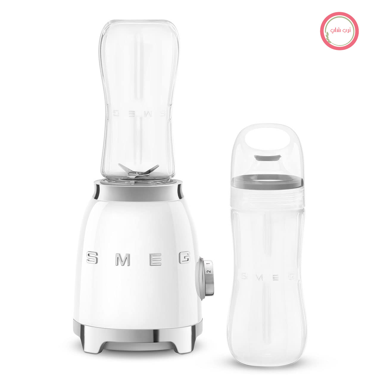 همزن ایستاده Smeg PBF01WHUS به سبک قدیمی با دستگیره چراغ‌دار و دو بطری بدون BPA (600 میلی‌لیتر) سفید متوسط/باغ مجلل