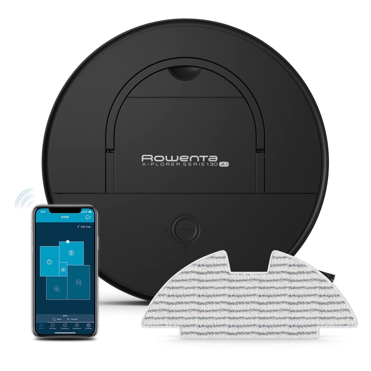 جاروبرقی رباتیک Rowenta X-Plorer Series 130 AI، 4 کاره با قابلیت تی کشیدن، سیستم ناوبری لیزری + دوربین، 4 حالت تمیز کردن، 120 دقیقه زمان اجرا، 3 ساعت زمان شارژ، مخزن گرد و غبار 0.7 لیتری، مشکی، RR9065