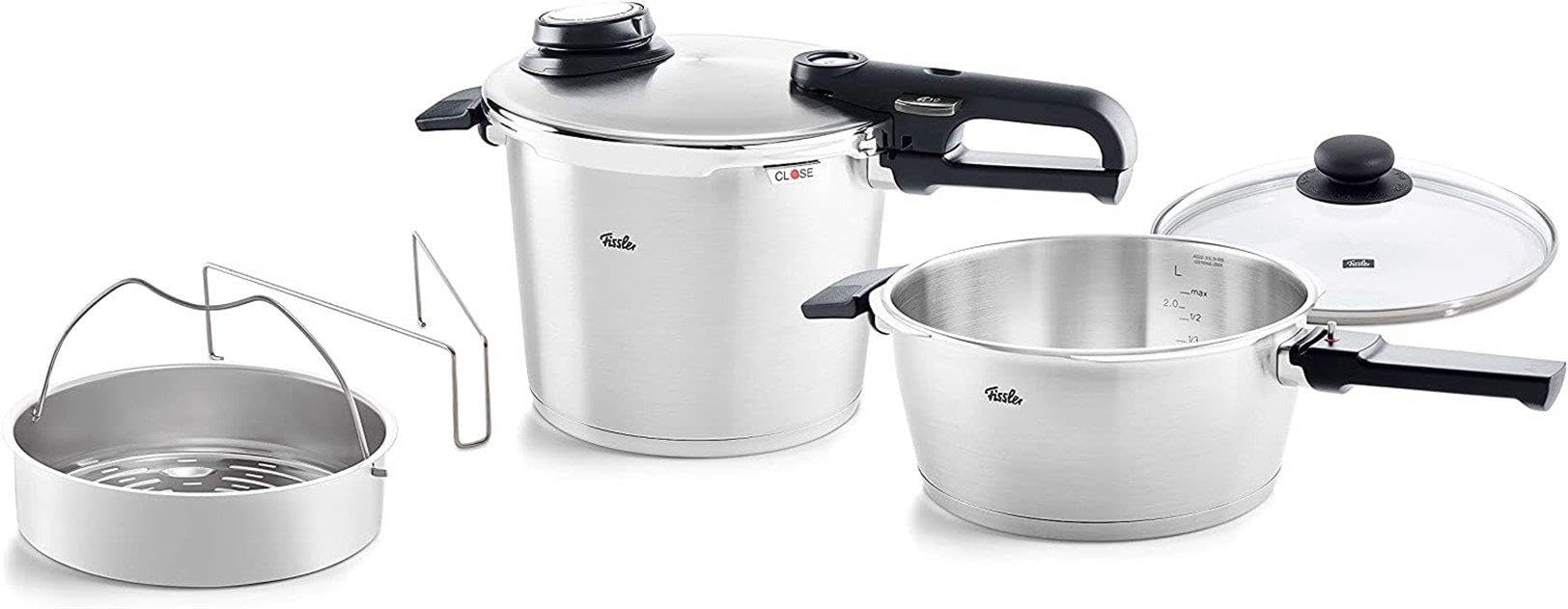 زودپز فیسلر آلمان Fissler Vitavit Premium، 5 عددی (6 لیتری - 22 سانتی متری و ماهیتابه فشاری 3.5 لیتری - 22 سانتی متری) شامل درب فلزی، درب شیشه ای، اینسری - القایی