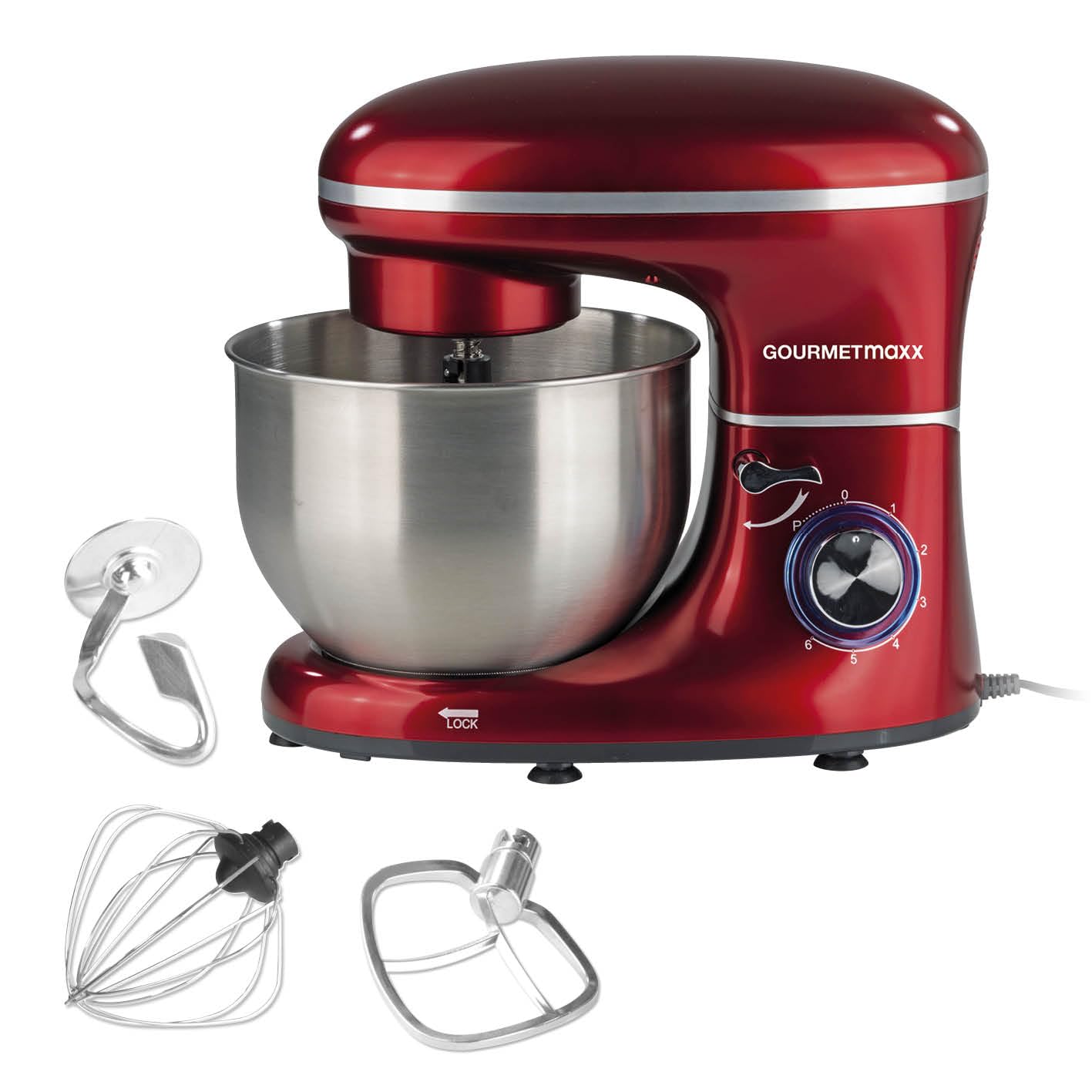 غذا ساز گورمت‌ مکس آلمان  GOURMETmaxx با قابلیت ورز دادن و مخلوط کردن غذاساز قدرتمند با کاسه بزرگ ۵ لیتری قرمز متالیک
