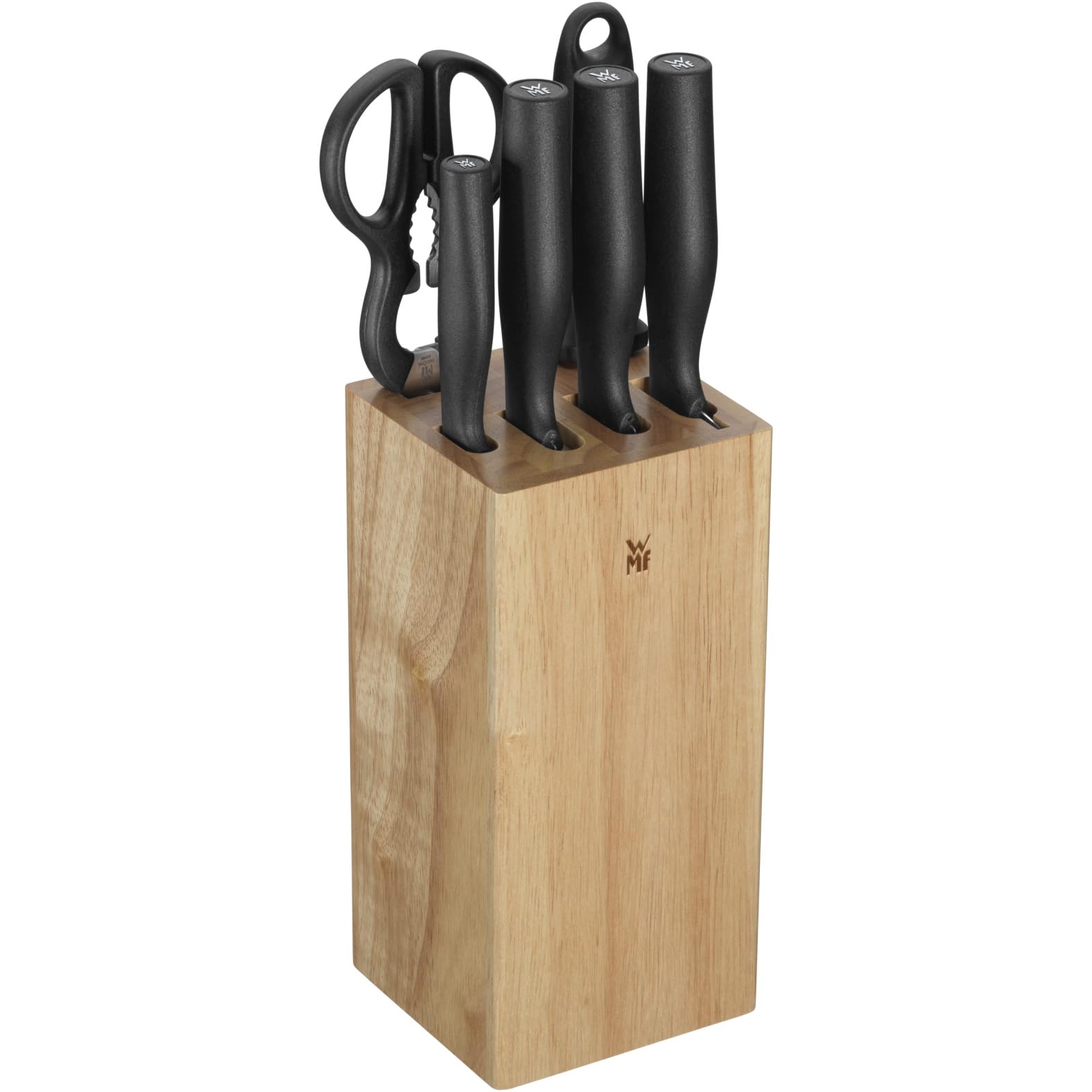 بلوک چاقو WMF Impulse با مجموعه 7 تکه چاقو، ساخت آلمان، 4 چاقو، قیچی آشپزخانه، فولاد تیزکن، چوب لاستیکی، فضای ذخیره‌سازی کم‌جا، تیزی عالی، ارگونومی کامل. بلوک چاقو - 7 تکه با قیچی آشپزخانه