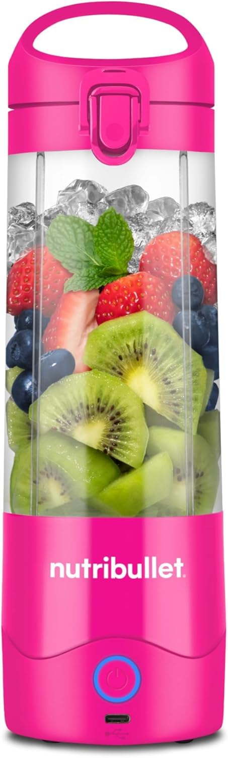اسموتی‌ ساز نوتری‌ بولت آمریکا مخلوط کن قابل حمل Nutribullet NBP003BP، (475 میلی لیتر)، قابل شارژ، مخلوط کن کوچک، تیغه 4 تیغه، فنجان Tritan، 15+ چرخه در هر بار شارژ، قابل حمل، شارژ USB-C، صورتی
