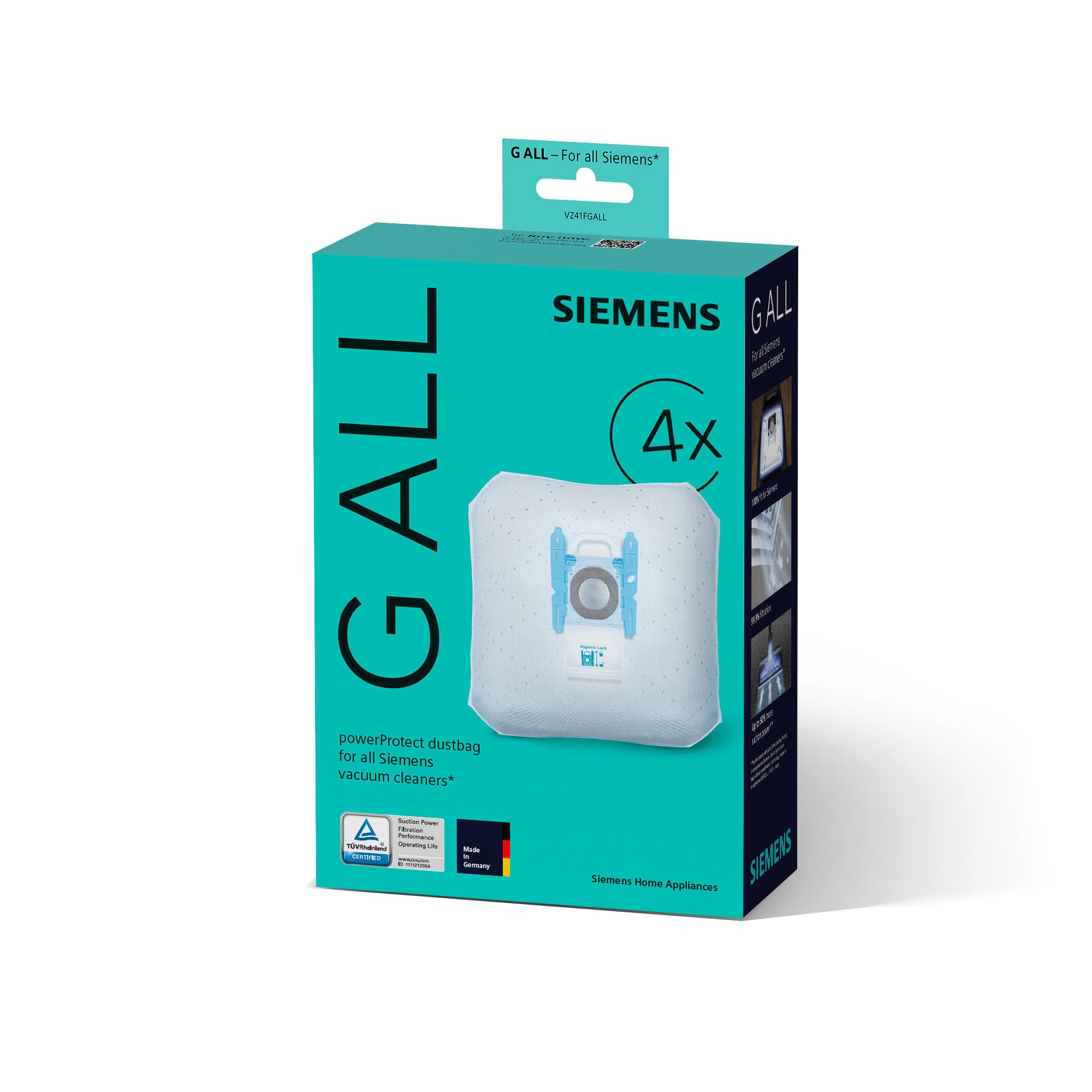 کیسه جاروبرقی ۴ تایی زیمنس مدل powerProtect نوع G ALL VZ41FGALL، ۹۹.۹٪ فیلتراسیون گرد و غبار ریز، عملکرد تمیزکنندگی بالاتر، ۵۰٪ عمر مفید بیشتر، مناسب برای همه سری‌ها به جز VS08 و VS01، مجموعه ۴ تایی