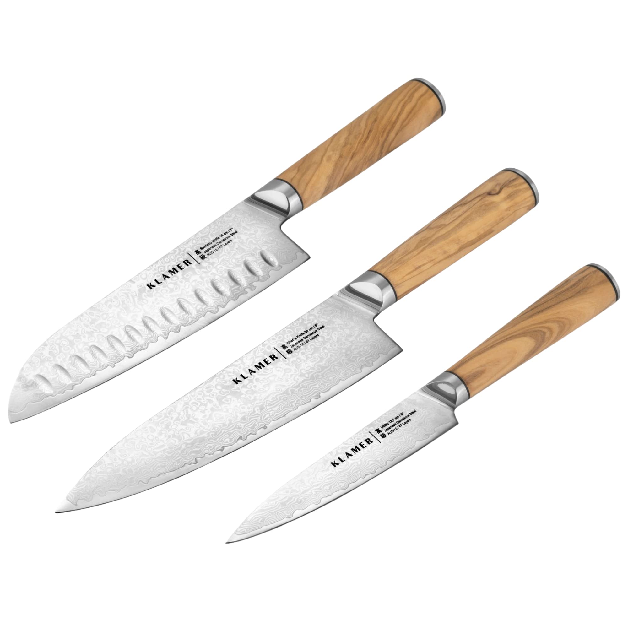 چاقو آشپز کلامر آلمان KLAMER Premium Damascus ساخته شده از استیل اصیل ژاپنی ست چاقو 3 تکه