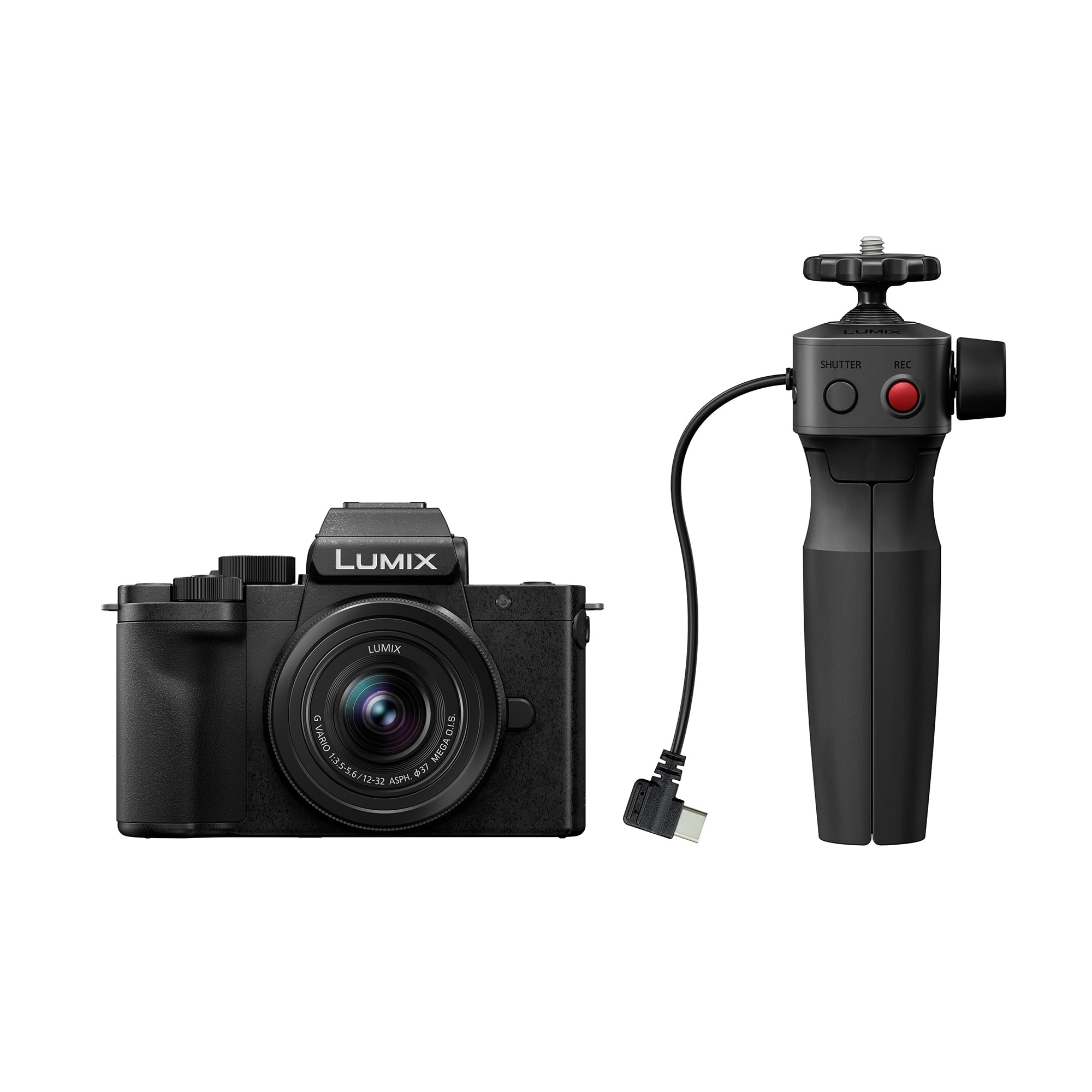 دوربین بدون آینه میکرو چهار سوم پاناسونیک لومیکس DC-G100DVEGK با لنز Lumix G Vario 12-32 میلی‌متری F3.5-5.6 و دسته سه‌پایه DMW-SHGR2، 20.3 مگاپیکسل، فیلمبرداری 4K 30p/FHD 60، دوربین ولاگ، شارژ USB-C، مشکی. لومیکس G100D با لنز H-FS12032 و دسته سه‌پایه DMW-SHGR2