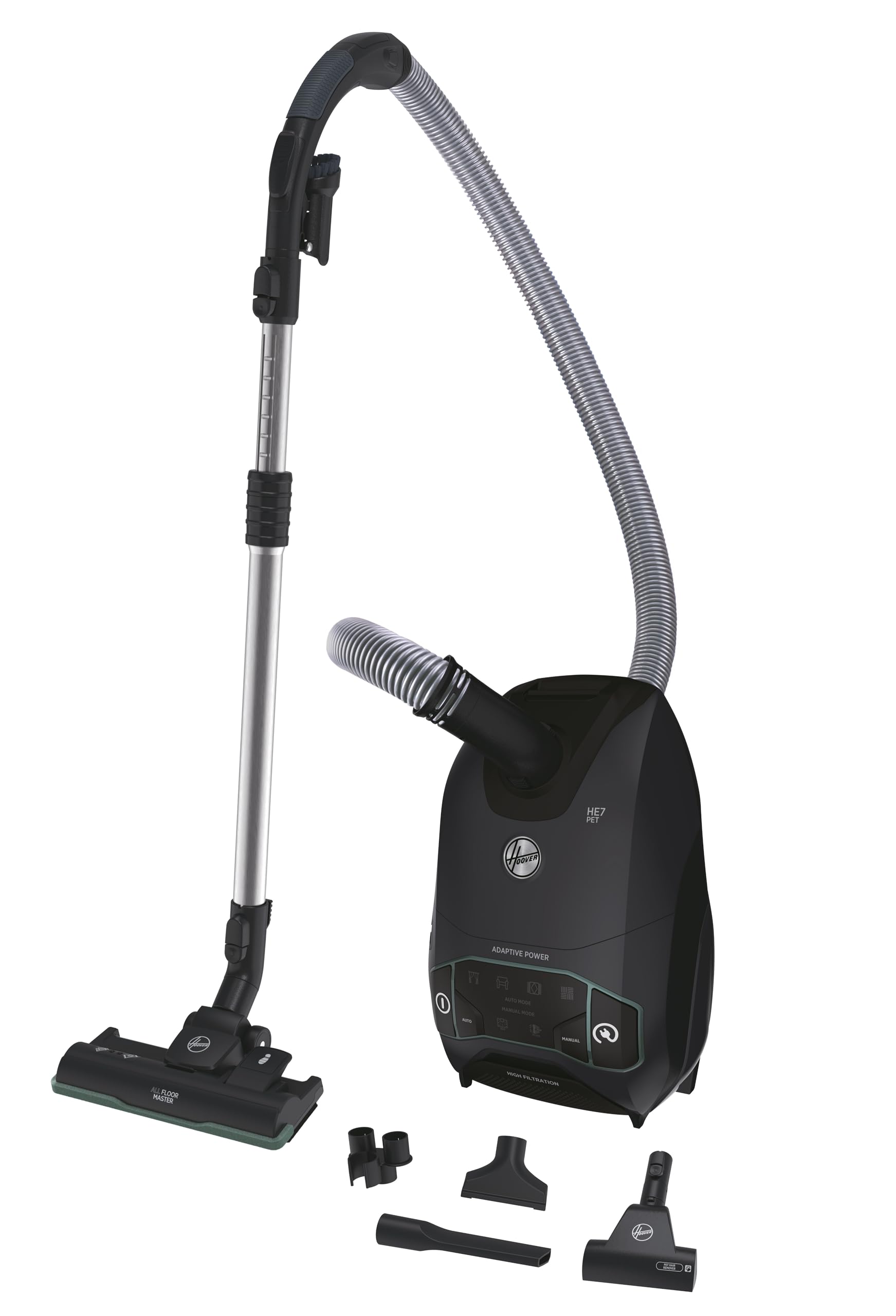 جارو برقی کیسه ای هوور آمریکا  Hoover HE721PAF، نازل جهانی برای همه طبقات، جارو برقی بسیار بی صدا (66dBA)  جمع و جور با سیستم دفع خودکار کیسه، برد 10 متر، 850 وات