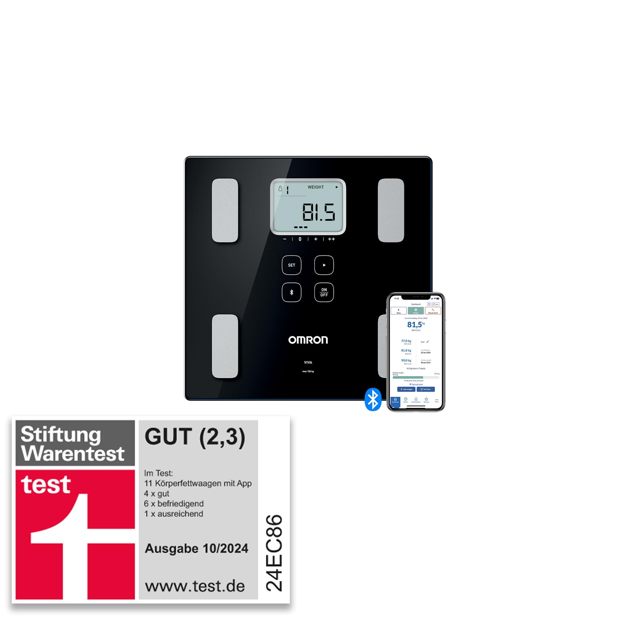 ترازو دیجیتال امرون ژاپن OMRON VIVA مقیاس آنالیز بدن هوشمند با بلوتوث و برنامه. چربی بدن، وزن، چربی احشایی، توده عضلانی اسکلتی، میزان متابولیسم