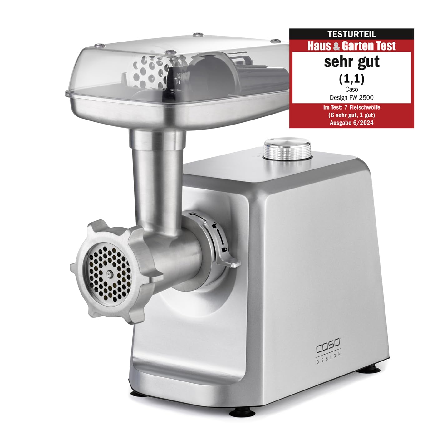 چرخ گوشت CASO FW 2500 نقره‌ای، با قدرت ۲۵۰۰ وات، امتیاز آزمایش: خیلی خوب، تیغه تیتانیومی، عملکرد معکوس، لوازم جانبی شامل همبرگر زن، ۲۵۰۰ وات، نقره‌ای